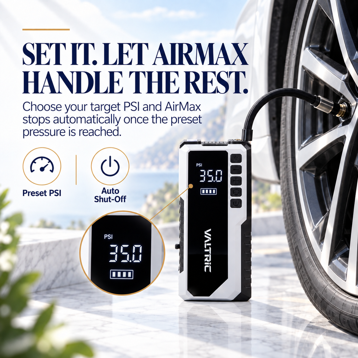 A Valtrix portable tire inflator shown plugged into a car wheel, with promotional text on a blurred outdoor carport background. The device is black and white with a digital PSI display and a hose connected.